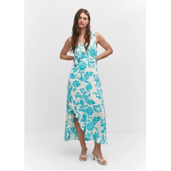 Mango Turquoise and White Print‎ Ruffle Jacky Dress Size 6 - Picture 1 of 5